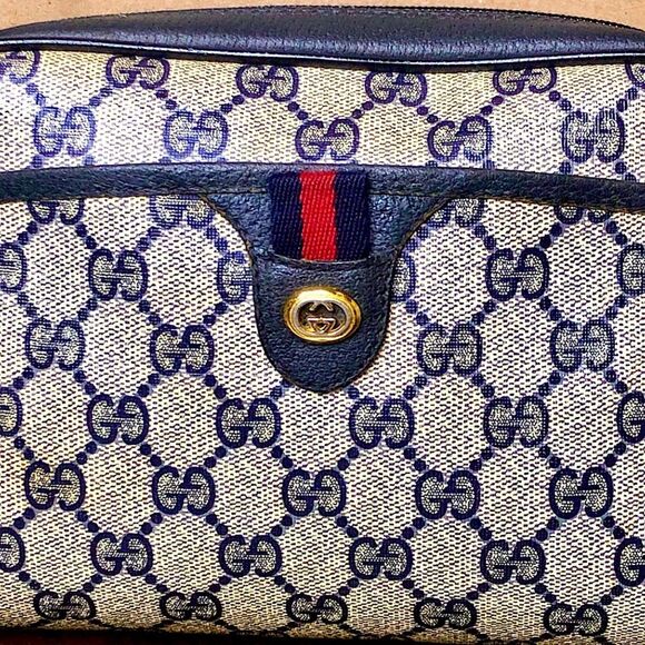 GUCCI GG Ophidia Sherry Line Navy Leather Grey Canvas Crossbody Bag Vintage - Picture 16 of 17